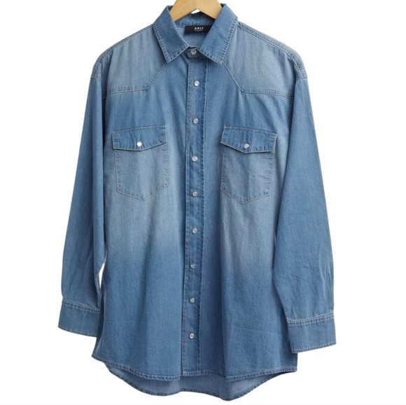 ABLE April Shirt Chambray 100% Cotton Oversized Western Pearl Snap Up size Small - Picture 2 of 12